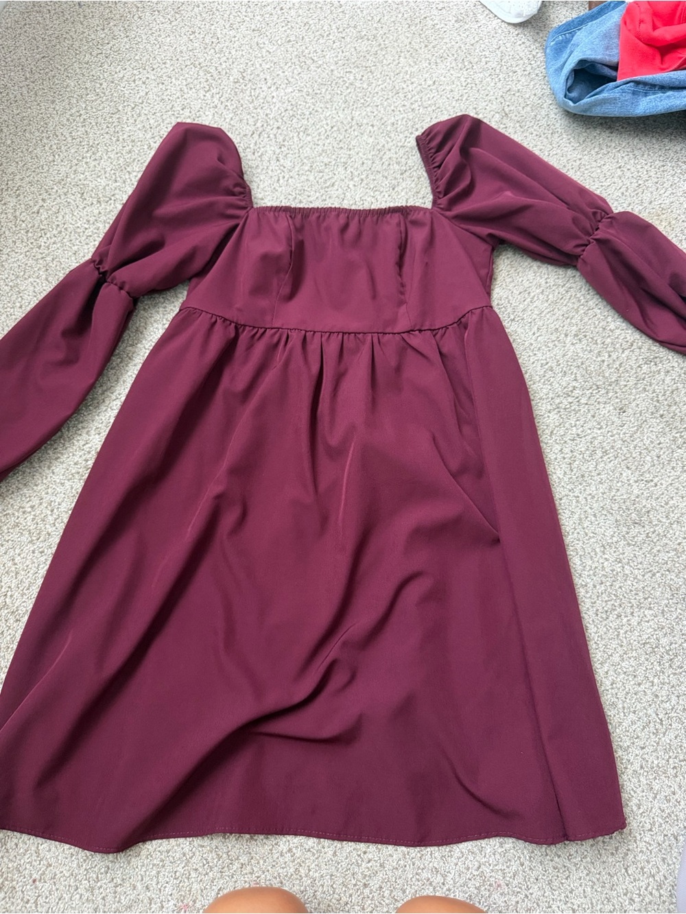 Womens Burgundy Puff-Sleeve Square Neck Dress